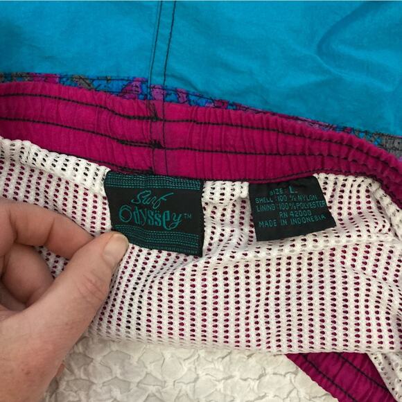 Surf Odyssey vintage 80s 90s Y2K printed swim shorts trunks fuchsia teal size L - Picture 5 of 7